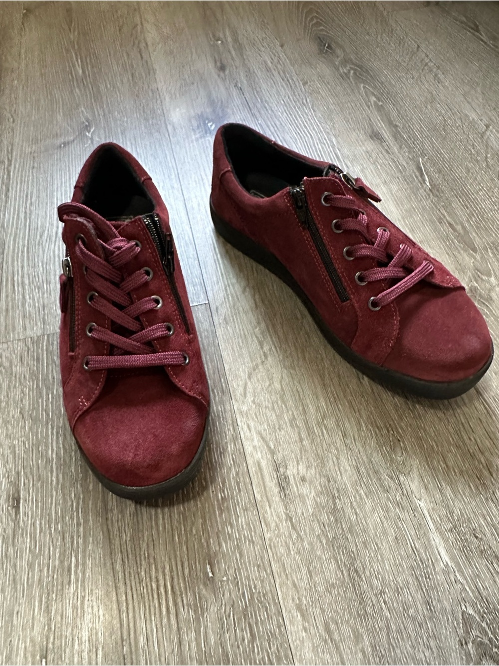 Women's Burgundy Suede Lace-Up Sneakers with Side Zip Detail